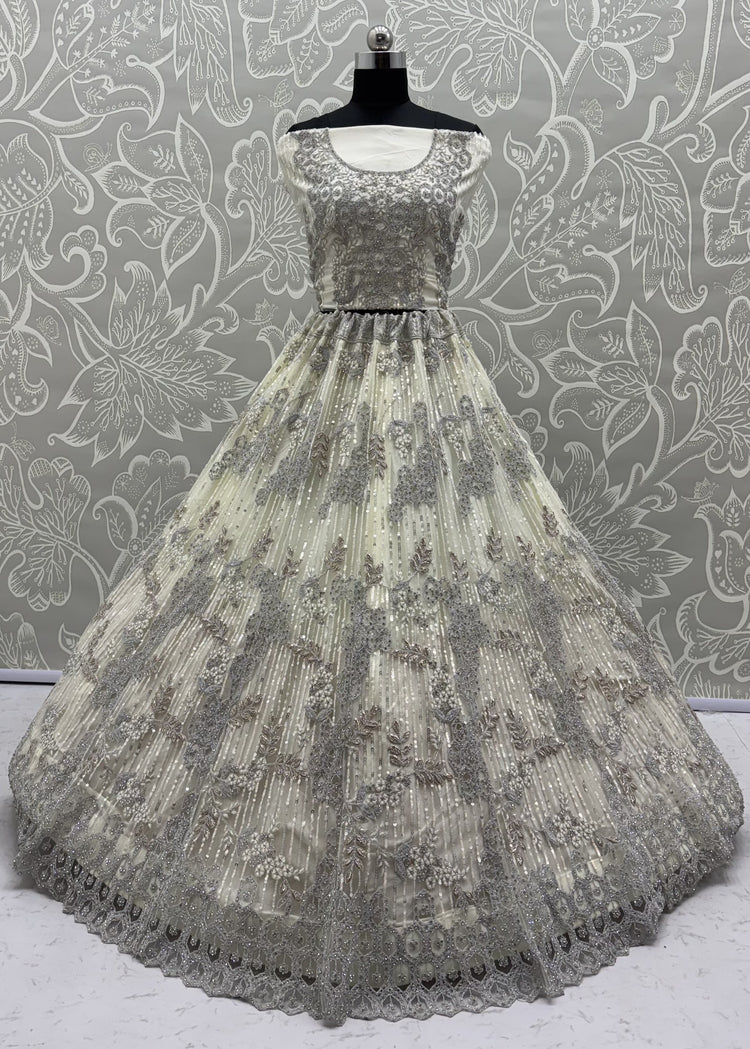 Ivory White Luxury Bridal Lehenga Choli with Zircon Diamond & Sequins Embroidery