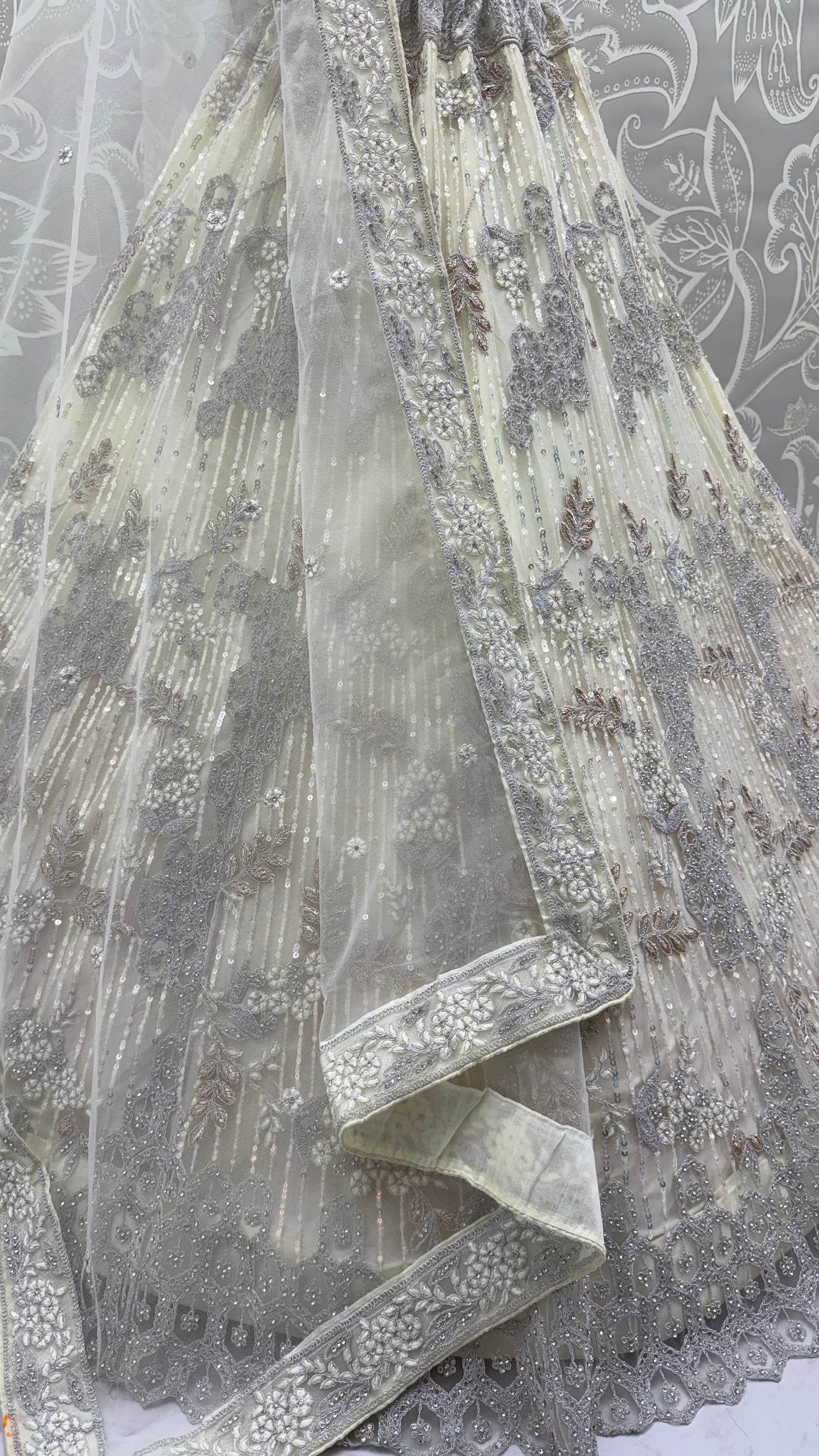 Ivory White Luxury Bridal Lehenga Choli with Zircon Diamond & Sequins Embroidery