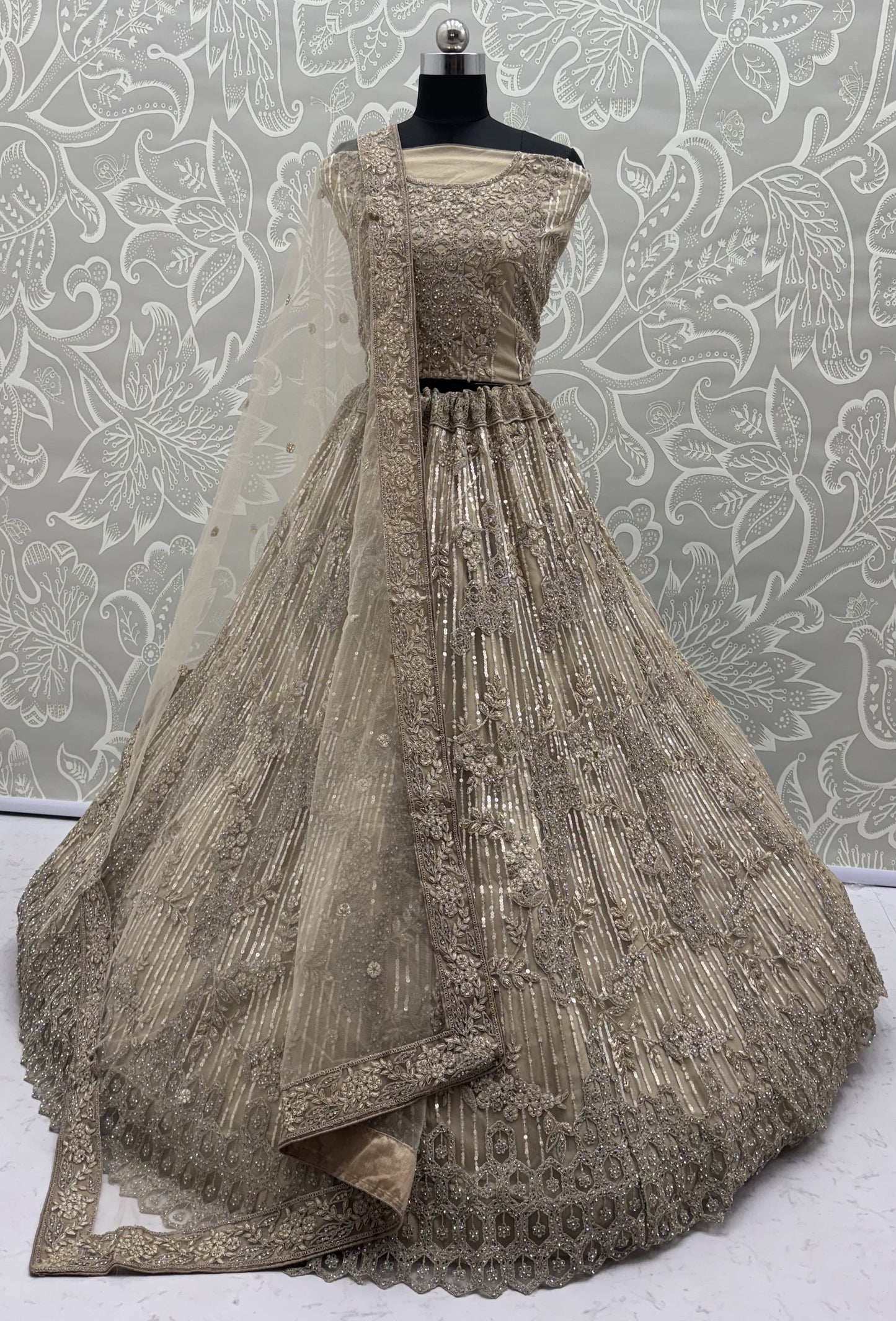 Champagne Gold Luxury Bridal Lehenga Choli with Zircon Diamond & Sequins Work