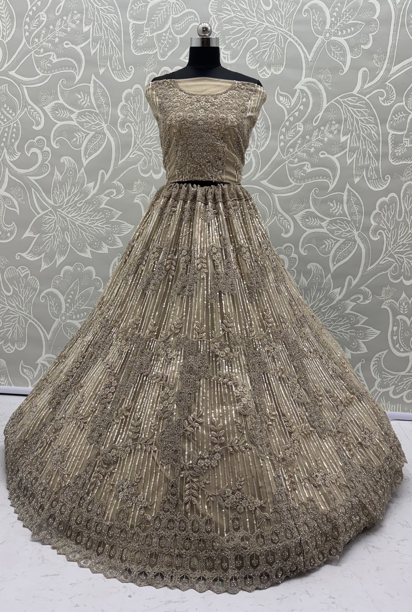 Champagne Gold Luxury Bridal Lehenga Choli with Zircon Diamond & Sequins Work