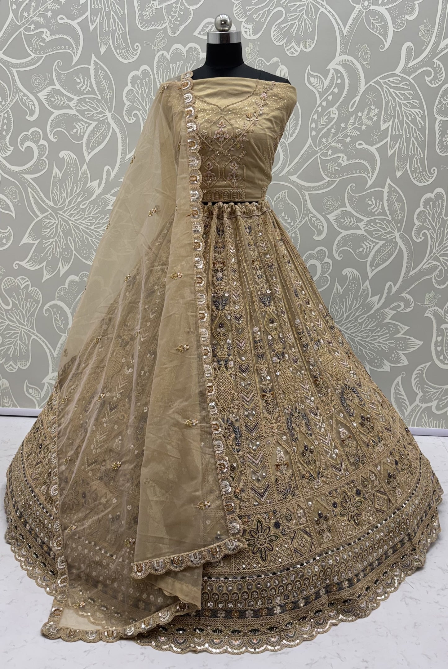 Champagne Gold Bridal Net Lehenga Choli with Zari, Dori, Diamond & Sequins Work