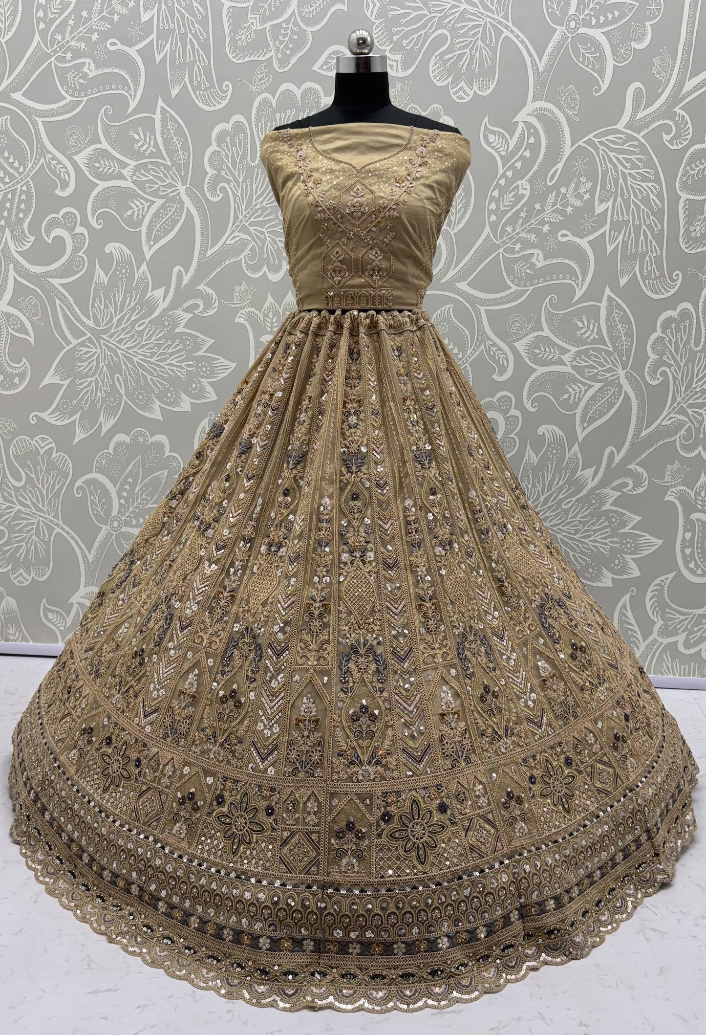 Champagne Gold Bridal Net Lehenga Choli with Zari, Dori, Diamond & Sequins Work