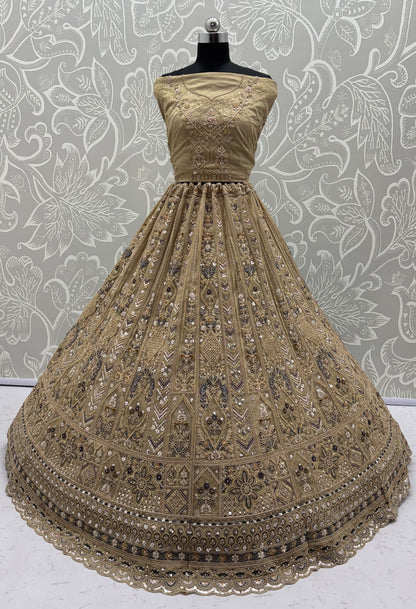 Champagne Gold Bridal Net Lehenga Choli with Zari, Dori, Diamond & Sequins Work