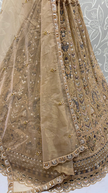 Champagne Gold Bridal Net Lehenga Choli with Zari, Dori, Diamond & Sequins Work