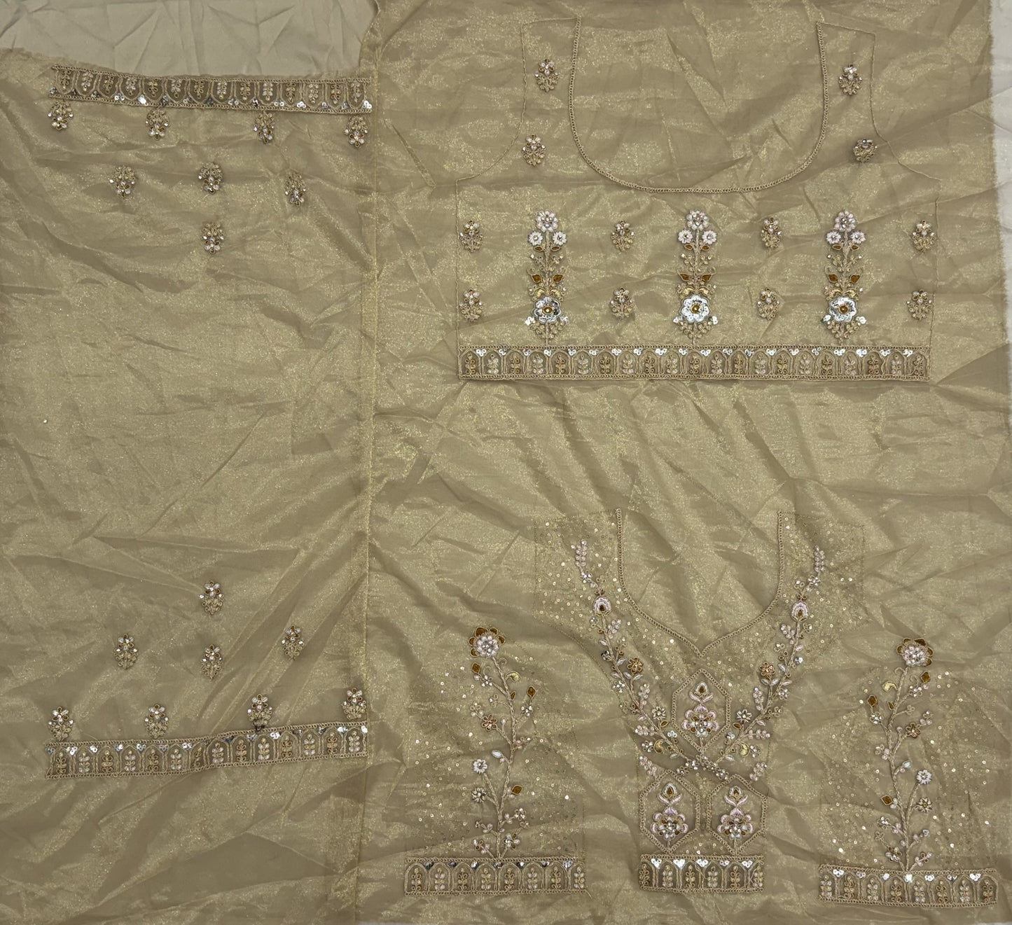Champagne Gold Bridal Net Lehenga Choli with Zari, Dori, Diamond & Sequins Work