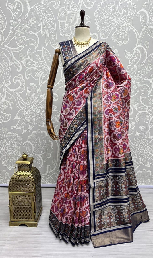 Pure Meena Silk and Dyed Silk Thread Crafted Authentic Patola Saree Pink