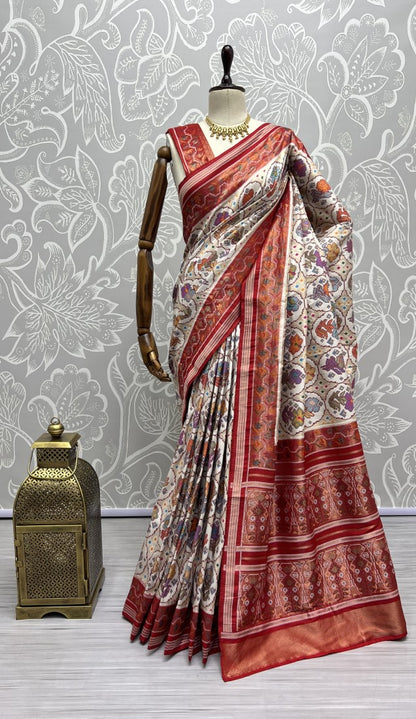 Pure Meena Silk and Dyed Silk Thread Crafted Authentic Patola Saree Red