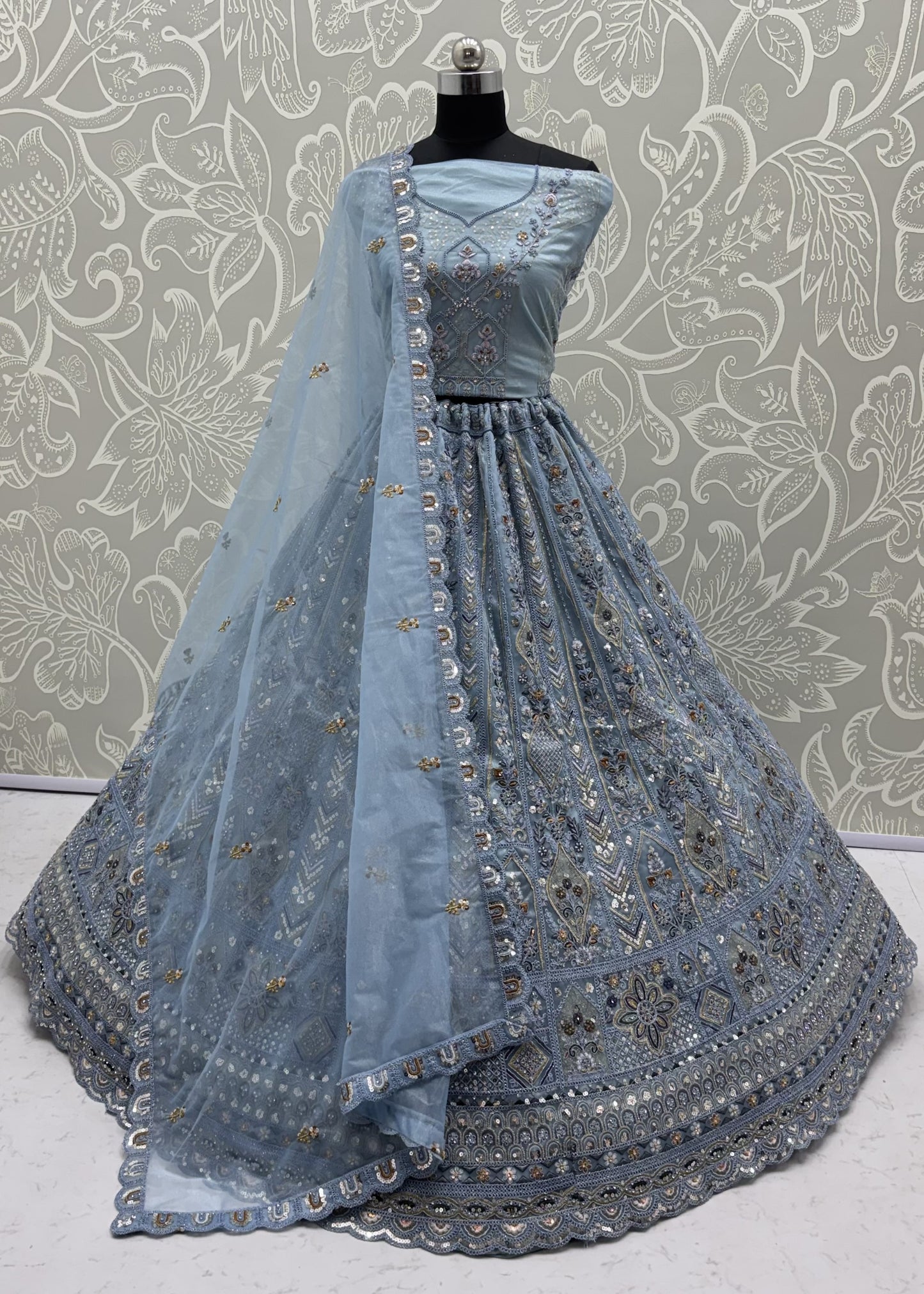 Ice Blue Bridal Net Lehenga Choli with Dori Embroidery, Zari, Sequins & Diamond Work