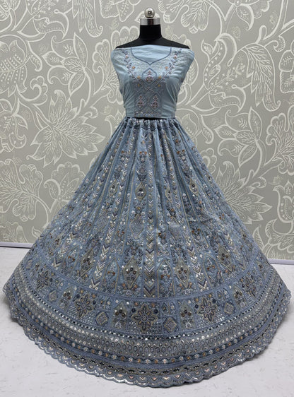 Ice Blue Bridal Net Lehenga Choli with Dori Embroidery, Zari, Sequins & Diamond Work