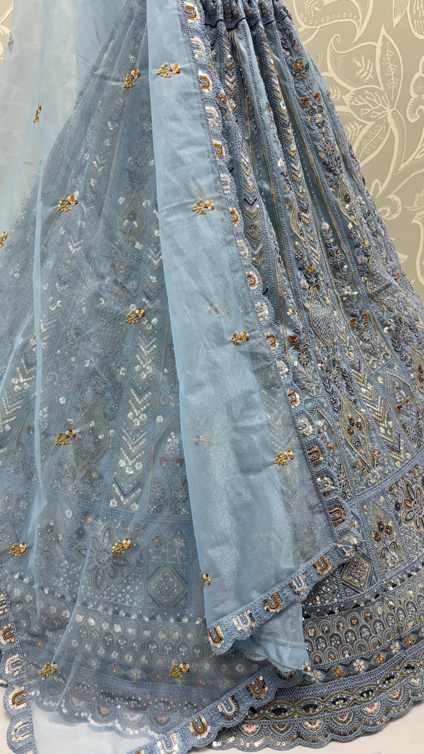 Ice Blue Bridal Net Lehenga Choli with Dori Embroidery, Zari, Sequins & Diamond Work