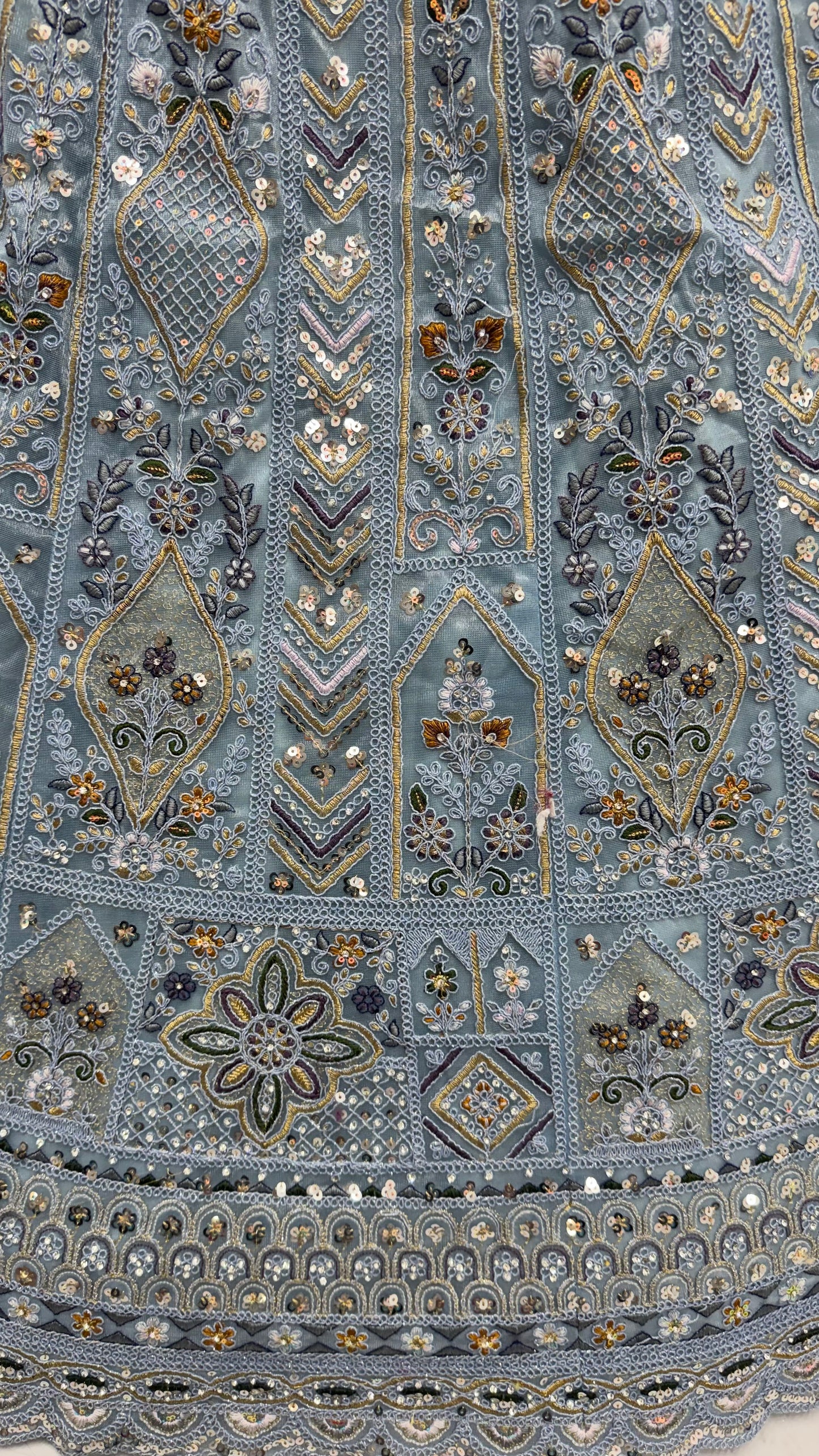 Ice Blue Bridal Net Lehenga Choli with Dori Embroidery, Zari, Sequins & Diamond Work