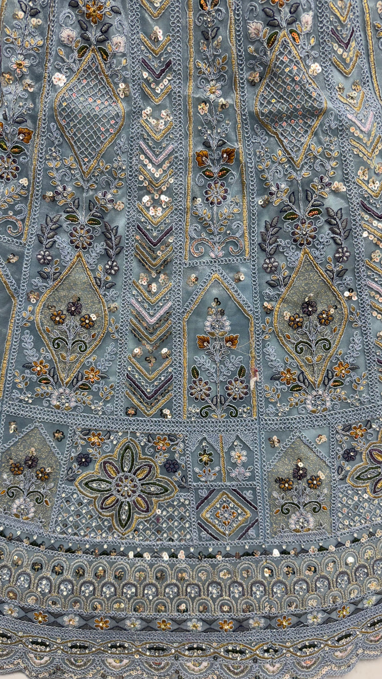 Ice Blue Bridal Net Lehenga Choli with Dori Embroidery, Zari, Sequins & Diamond Work