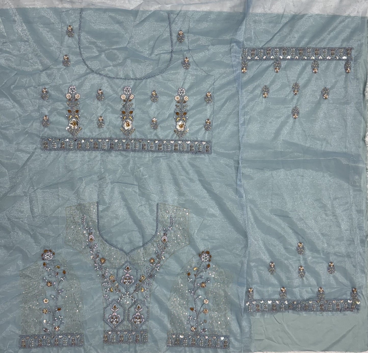 Ice Blue Bridal Net Lehenga Choli with Dori Embroidery, Zari, Sequins & Diamond Work