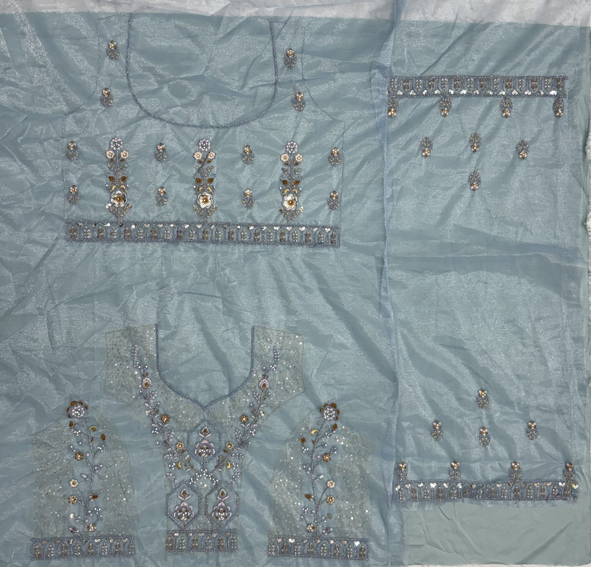 Ice Blue Bridal Net Lehenga Choli with Dori Embroidery, Zari, Sequins & Diamond Work