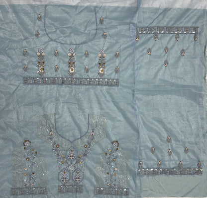 Ice Blue Bridal Net Lehenga Choli with Dori Embroidery, Zari, Sequins & Diamond Work