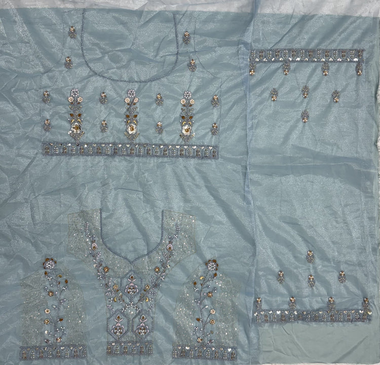 Ice Blue Bridal Net Lehenga Choli with Dori Embroidery, Zari, Sequins & Diamond Work