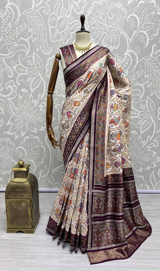 Pure Meena Silk and Dyed Silk Thread Crafted Authentic Patola Saree White