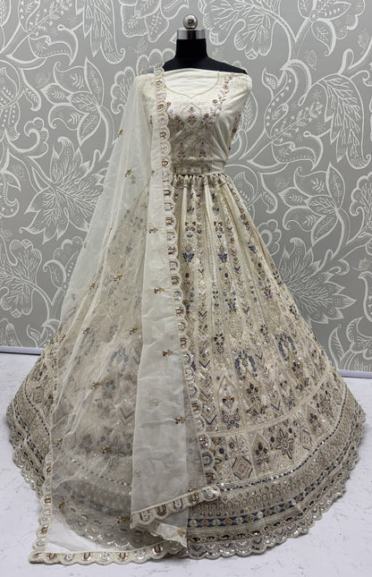Ivory White Bridal Net Lehenga Choli with Dori Embroidery, Zari, Sequins & Diamond Work