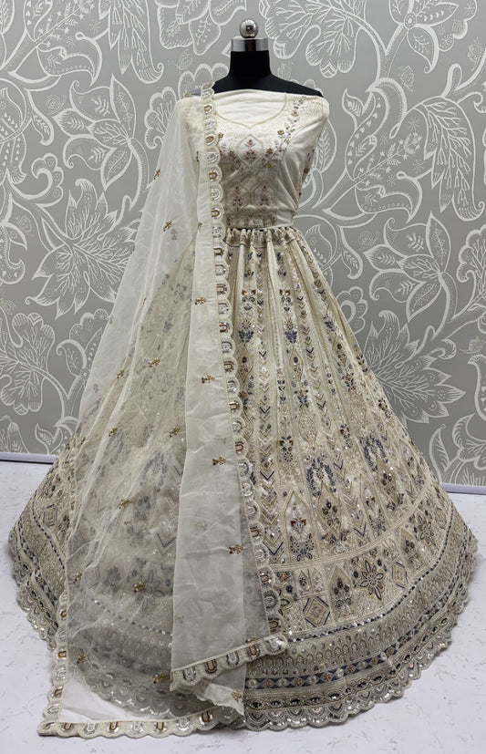Ivory White Bridal Net Lehenga Choli with Dori Embroidery, Zari, Sequins & Diamond Work