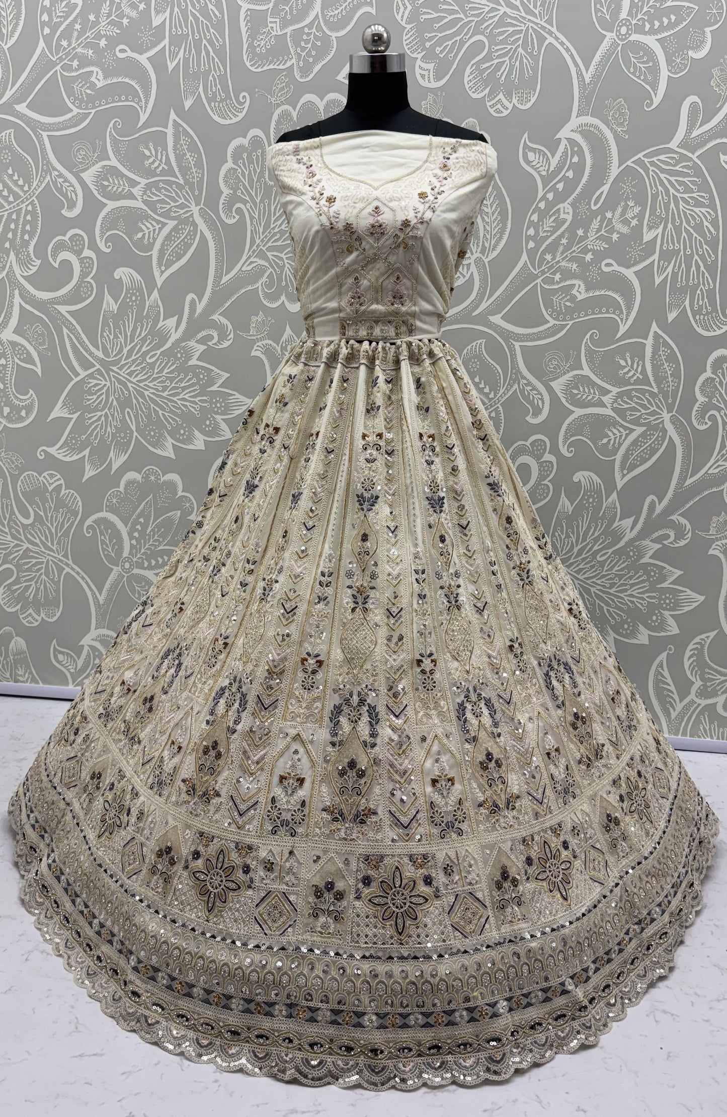 Ivory White Bridal Net Lehenga Choli with Dori Embroidery, Zari, Sequins & Diamond Work