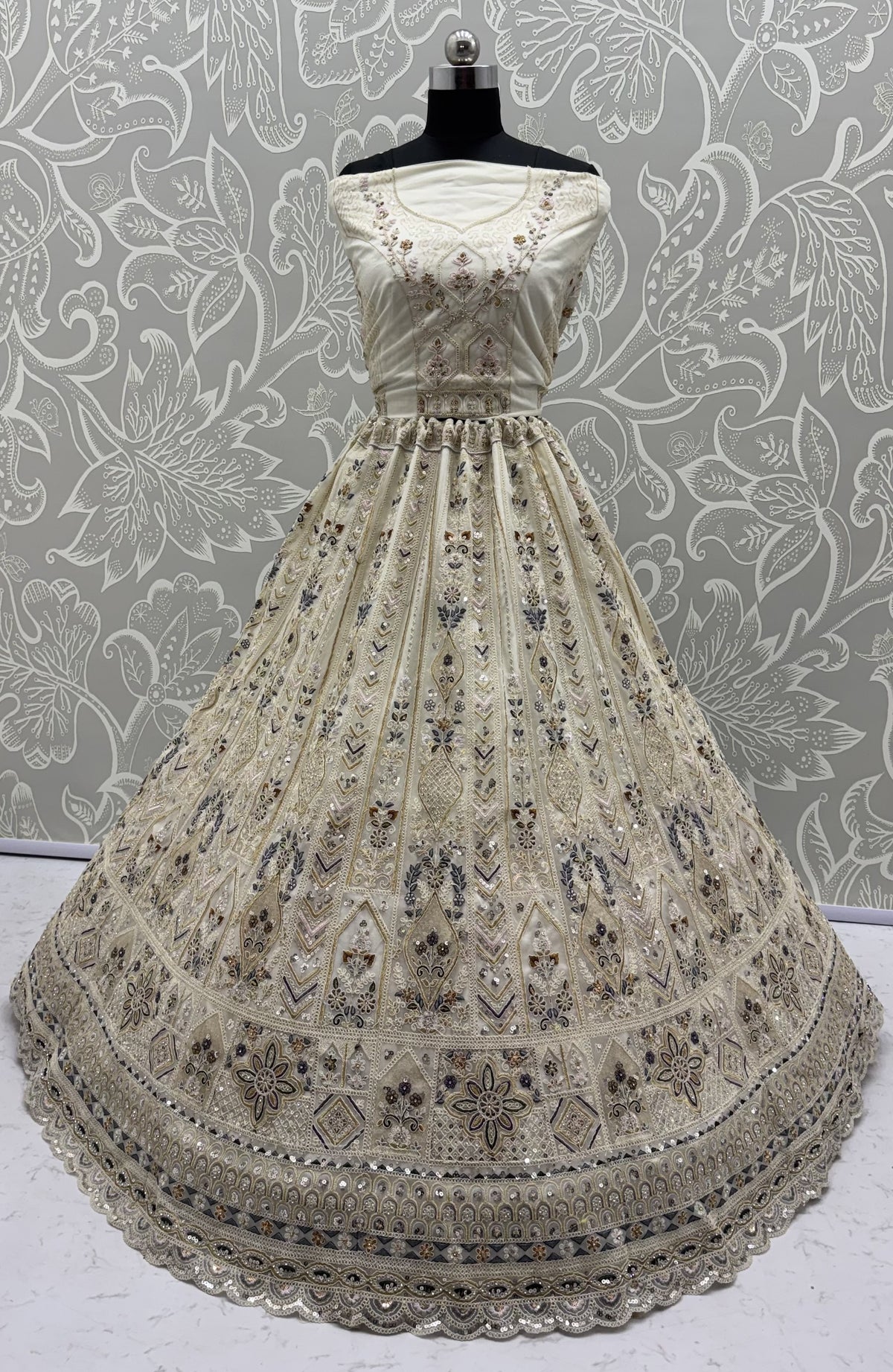 Ivory White Bridal Net Lehenga Choli with Dori Embroidery, Zari, Sequins & Diamond Work