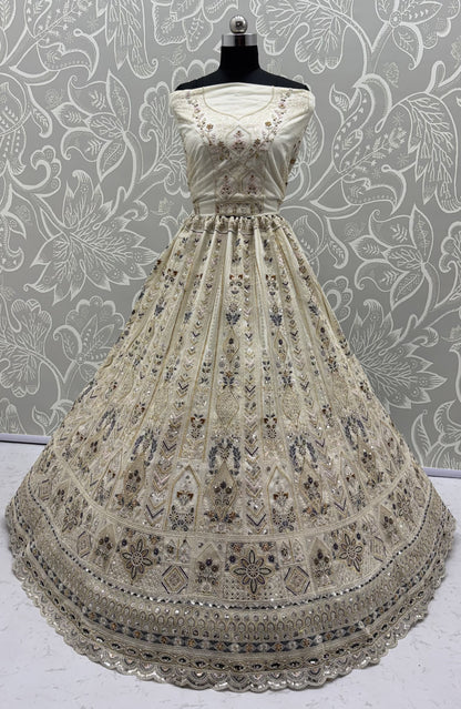Ivory White Bridal Net Lehenga Choli with Dori Embroidery, Zari, Sequins & Diamond Work