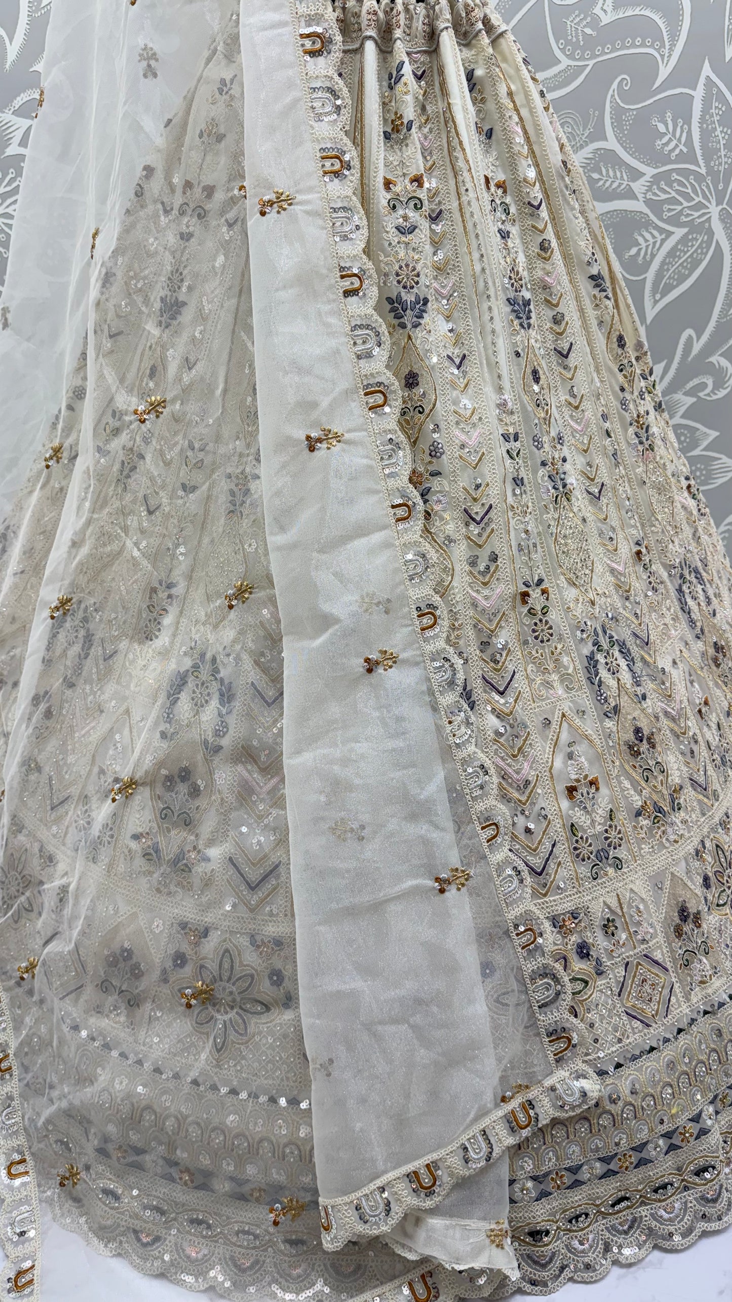 Ivory White Bridal Net Lehenga Choli with Dori Embroidery, Zari, Sequins & Diamond Work