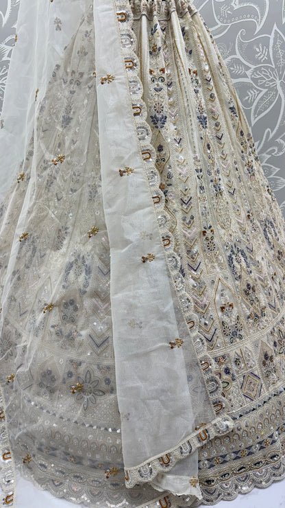 Ivory White Bridal Net Lehenga Choli with Dori Embroidery, Zari, Sequins & Diamond Work