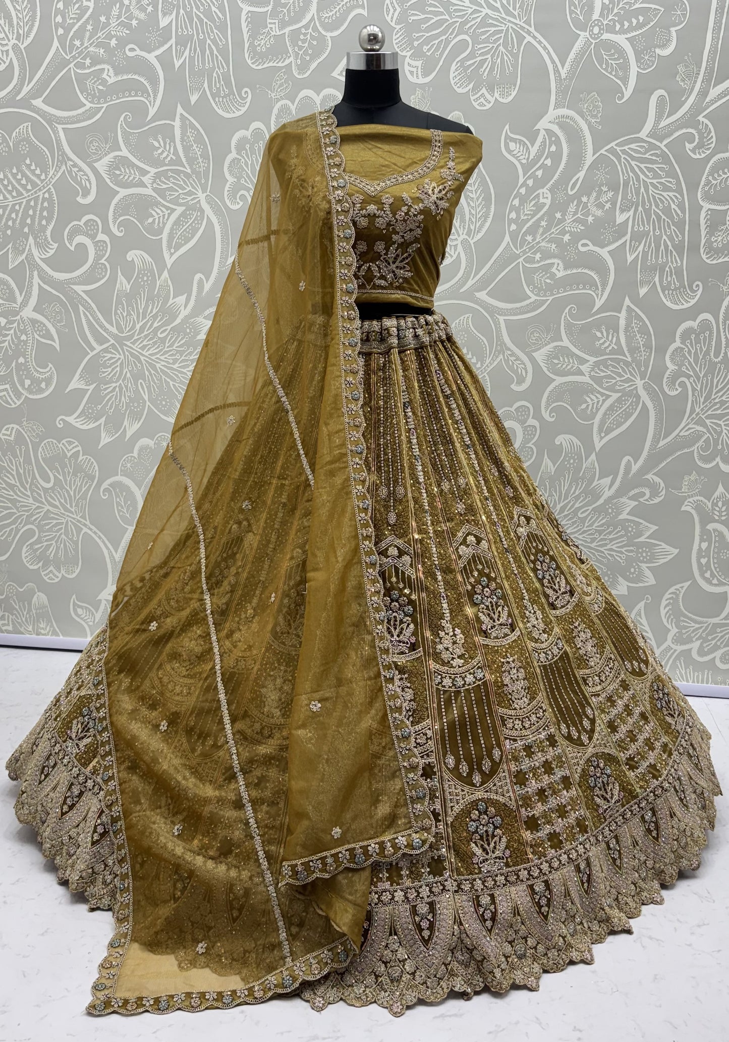 Olive Gold Bridal Net Lehenga Choli with Dori, Zari, Dabka & Zircon Diamond Work