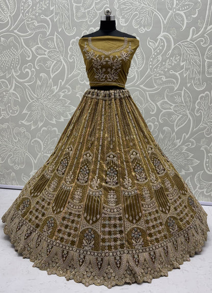 Olive Gold Bridal Net Lehenga Choli with Dori, Zari, Dabka & Zircon Diamond Work