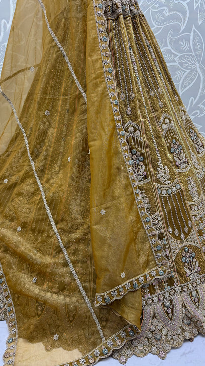 Olive Gold Bridal Net Lehenga Choli with Dori, Zari, Dabka & Zircon Diamond Work