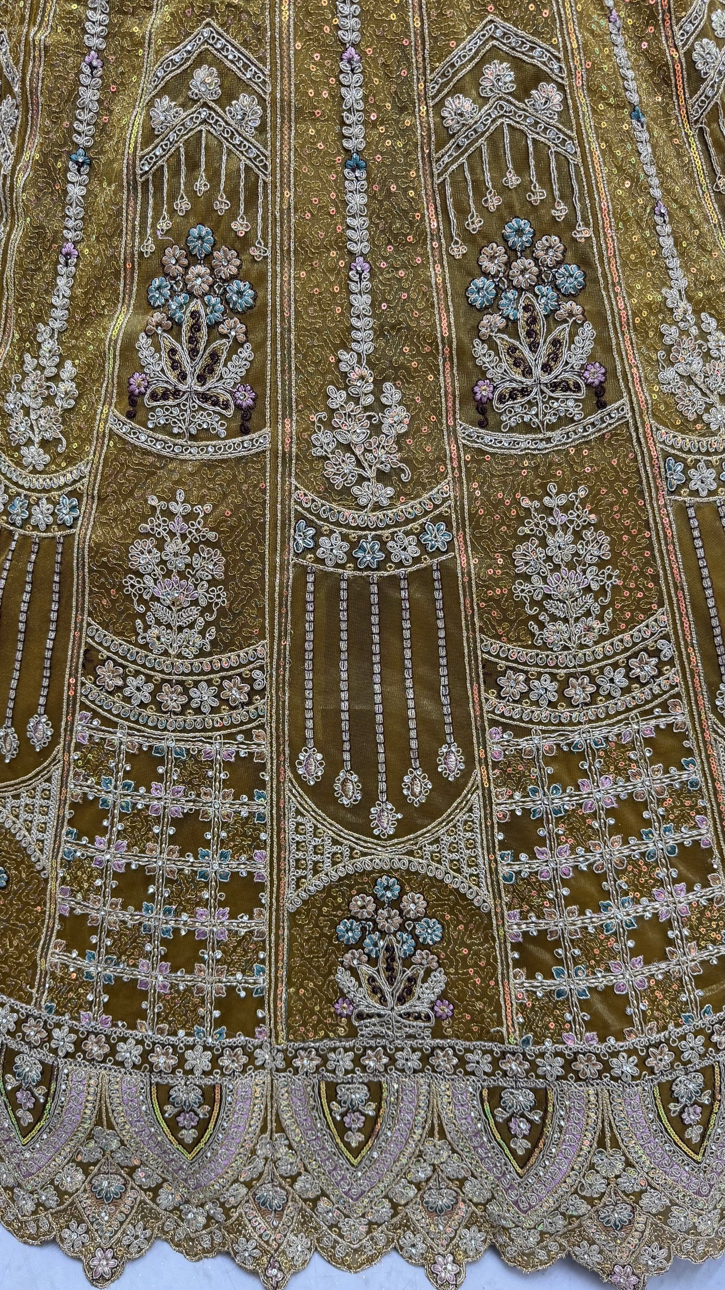 Olive Gold Bridal Net Lehenga Choli with Dori, Zari, Dabka & Zircon Diamond Work