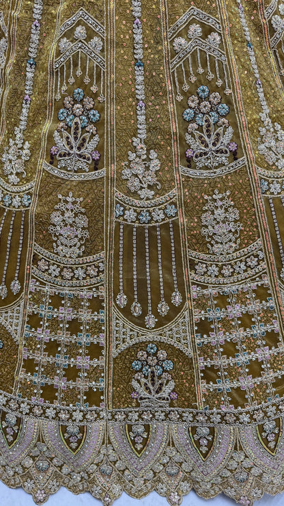 Olive Gold Bridal Net Lehenga Choli with Dori, Zari, Dabka & Zircon Diamond Work