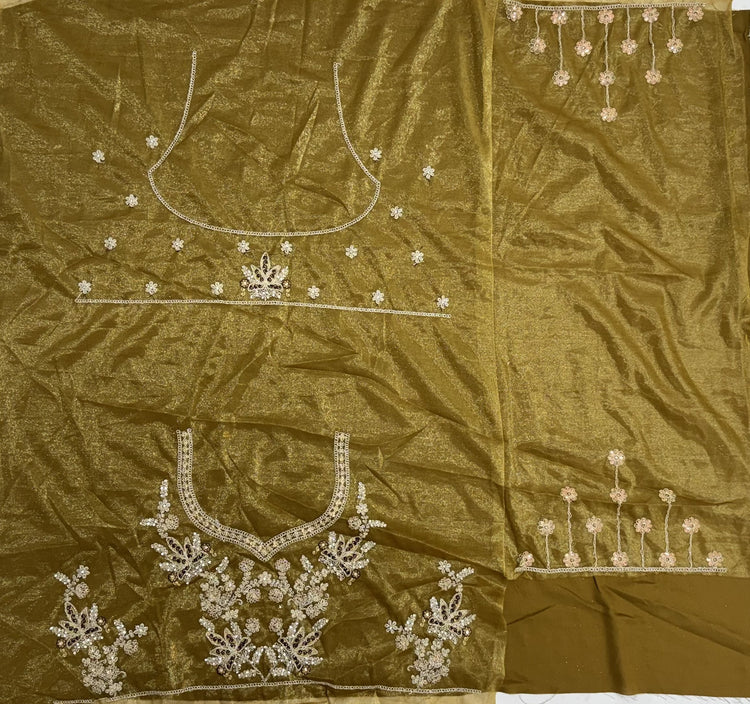 Olive Gold Bridal Net Lehenga Choli with Dori, Zari, Dabka & Zircon Diamond Work