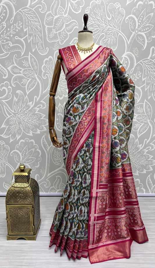 Hand Dyed Meena Silk Thread Crafted Authentic Patola Saree Pink