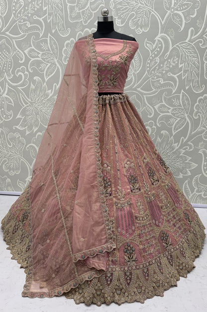 Blush Pink Bridal Net Lehenga Choli with Dori, Zari, Dabka & Zircon Diamond Work