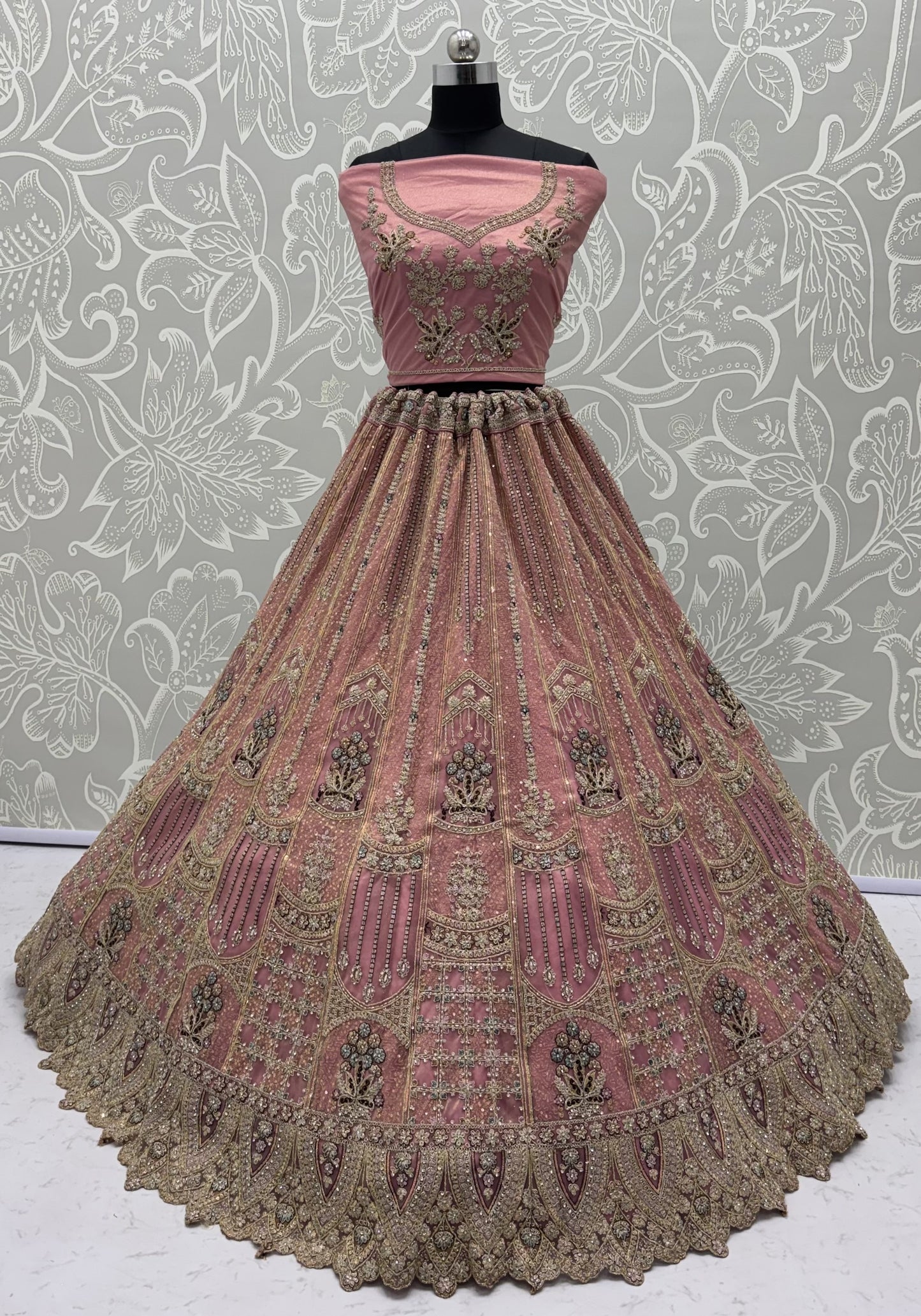 Blush Pink Bridal Net Lehenga Choli with Dori, Zari, Dabka & Zircon Diamond Work