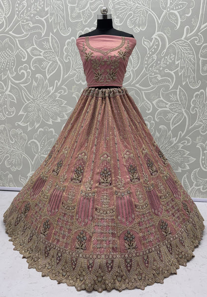 Blush Pink Bridal Net Lehenga Choli with Dori, Zari, Dabka & Zircon Diamond Work