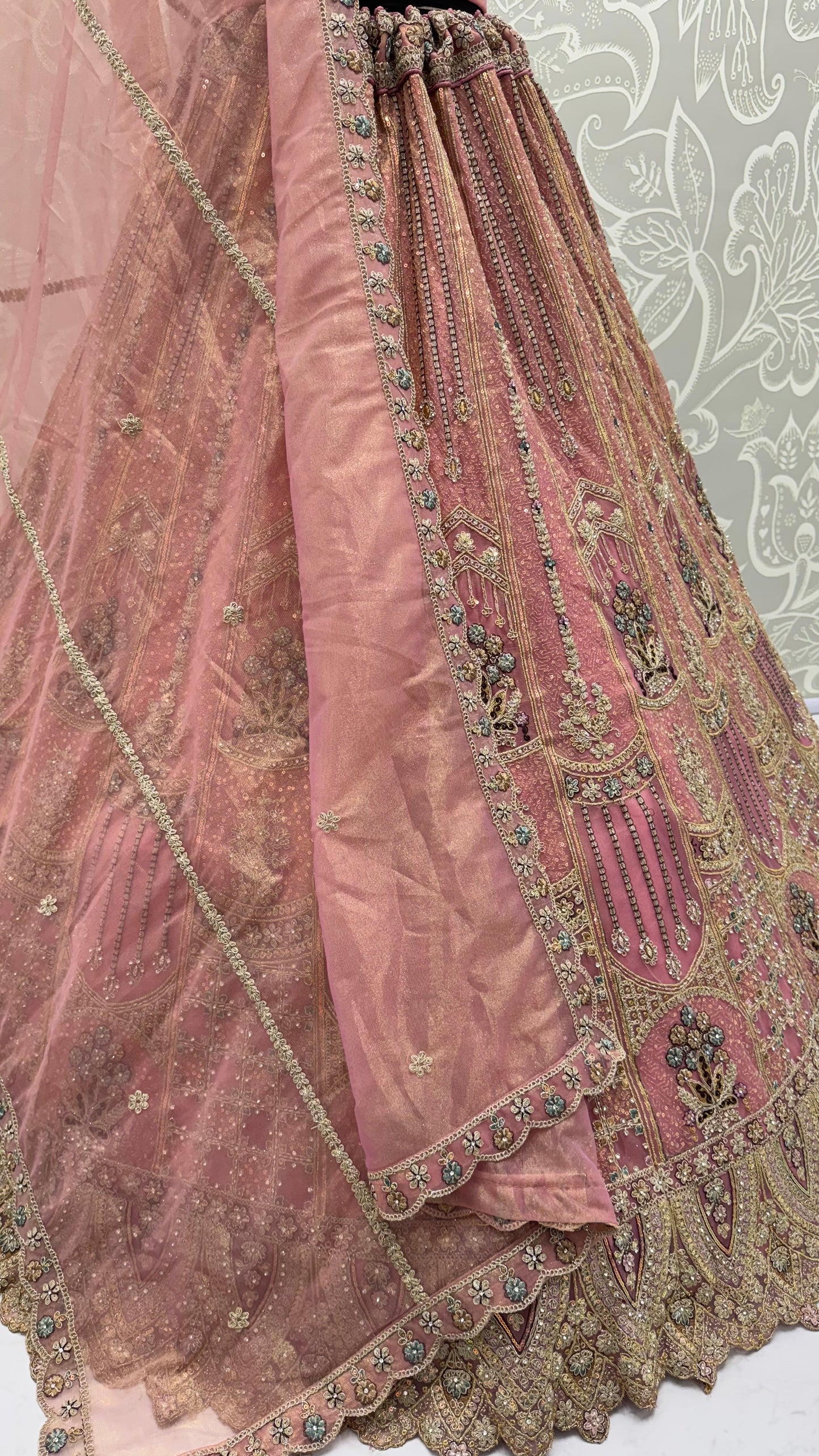 Blush Pink Bridal Net Lehenga Choli with Dori, Zari, Dabka & Zircon Diamond Work