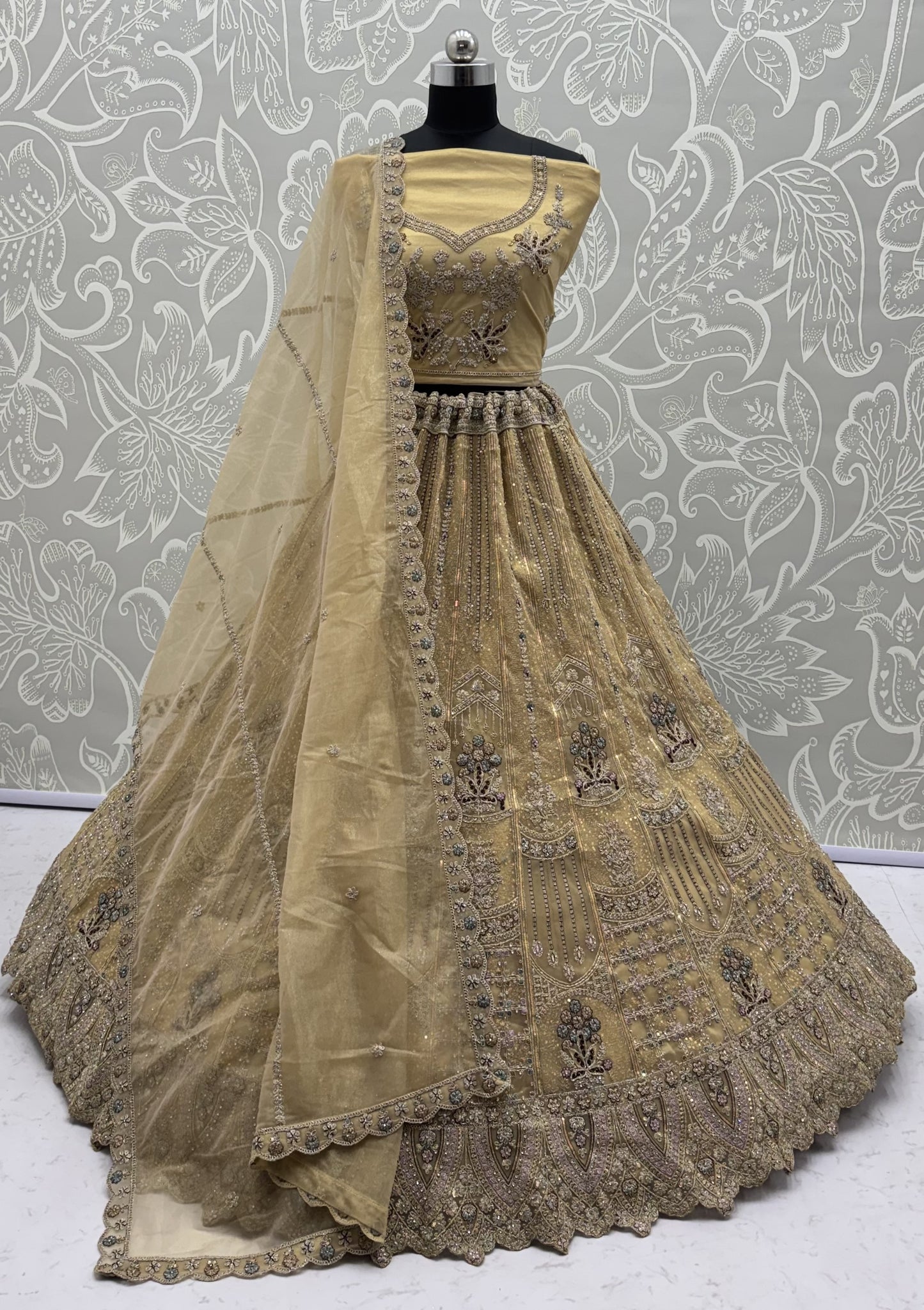 Champagne Gold Bridal Net Lehenga Choli with Dori, Zari, Dabka & Zircon Diamond Work