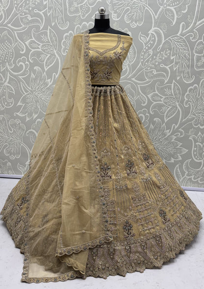 Champagne Gold Bridal Net Lehenga Choli with Dori, Zari, Dabka & Zircon Diamond Work