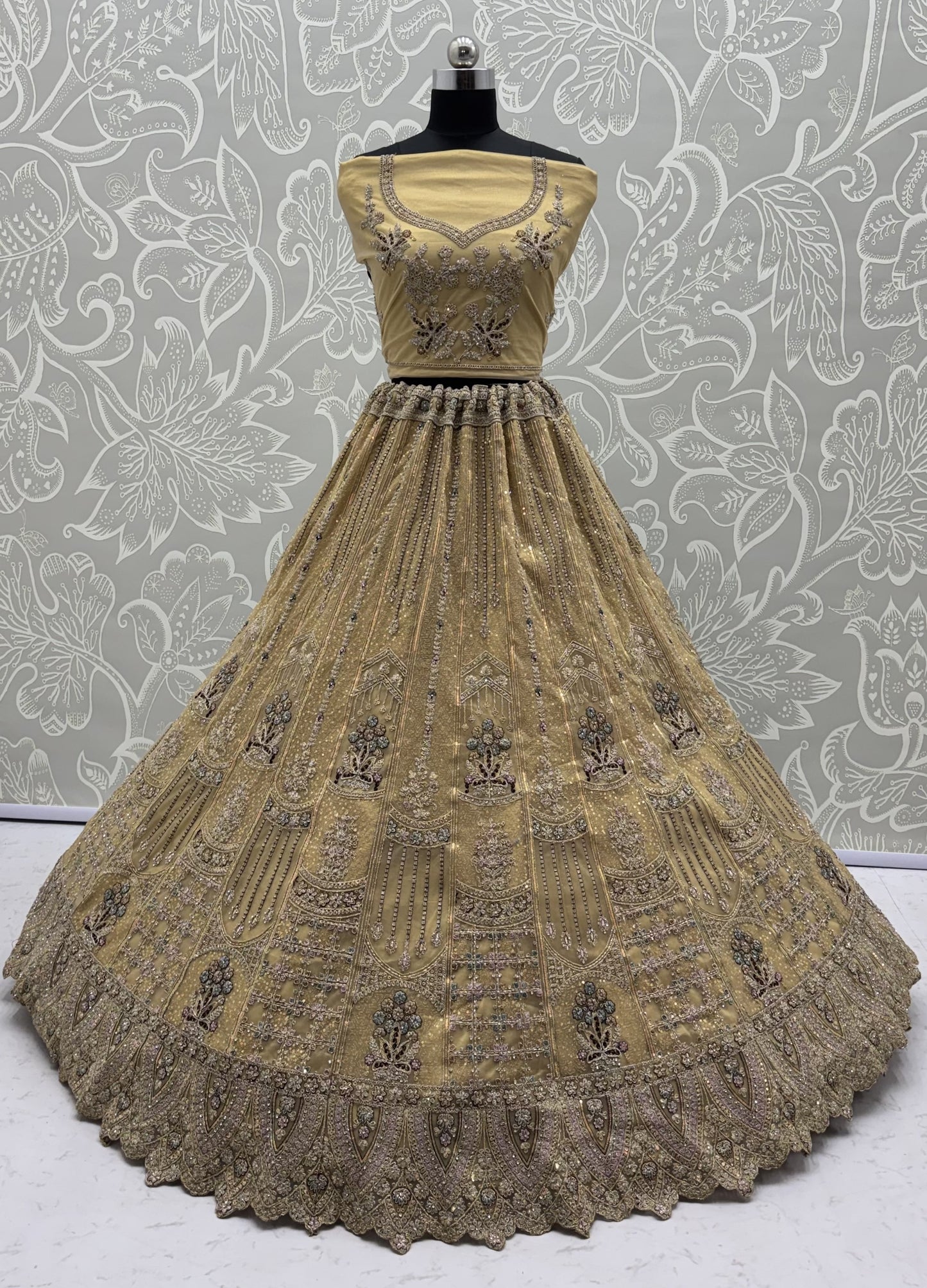 Champagne Gold Bridal Net Lehenga Choli with Dori, Zari, Dabka & Zircon Diamond Work