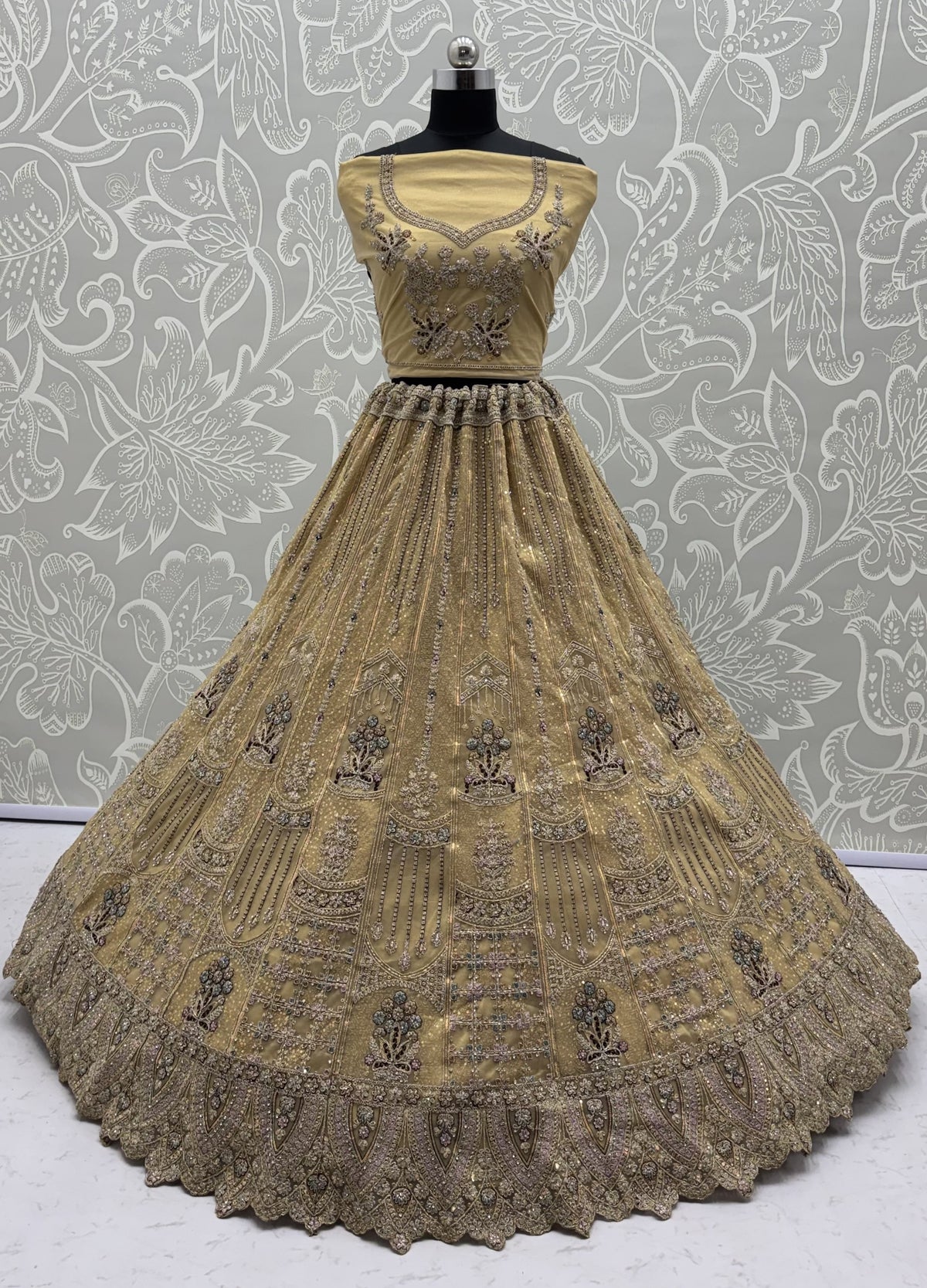 Champagne Gold Bridal Net Lehenga Choli with Dori, Zari, Dabka & Zircon Diamond Work