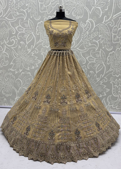 Champagne Gold Bridal Net Lehenga Choli with Dori, Zari, Dabka & Zircon Diamond Work