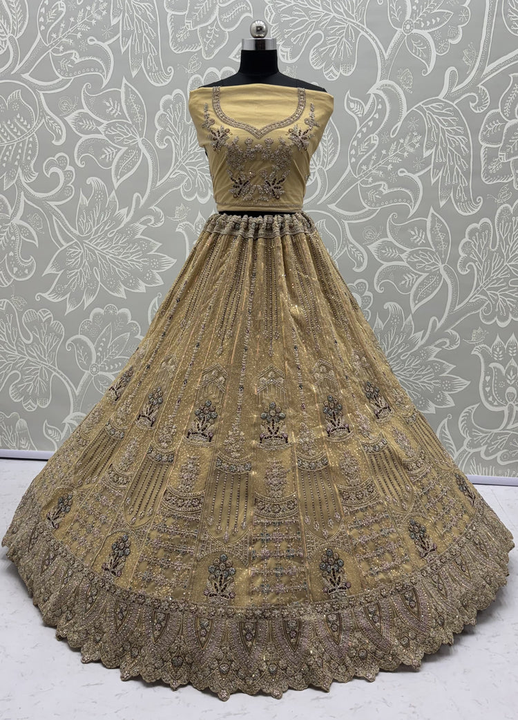 Champagne Gold Bridal Net Lehenga Choli with Dori, Zari, Dabka & Zircon Diamond Work