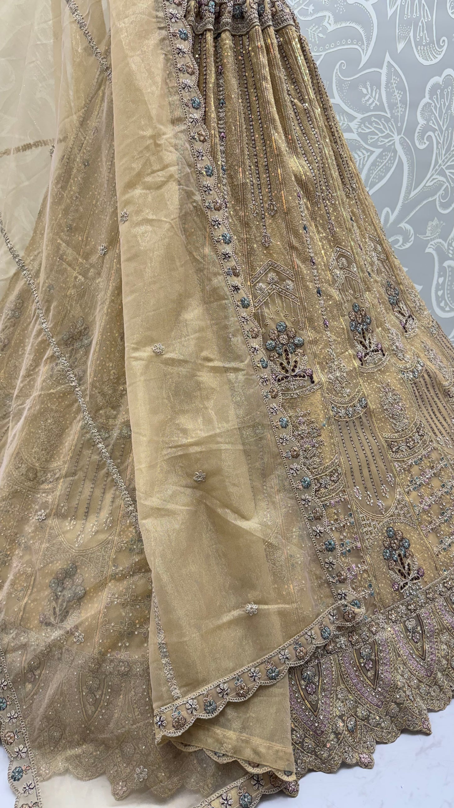Champagne Gold Bridal Net Lehenga Choli with Dori, Zari, Dabka & Zircon Diamond Work