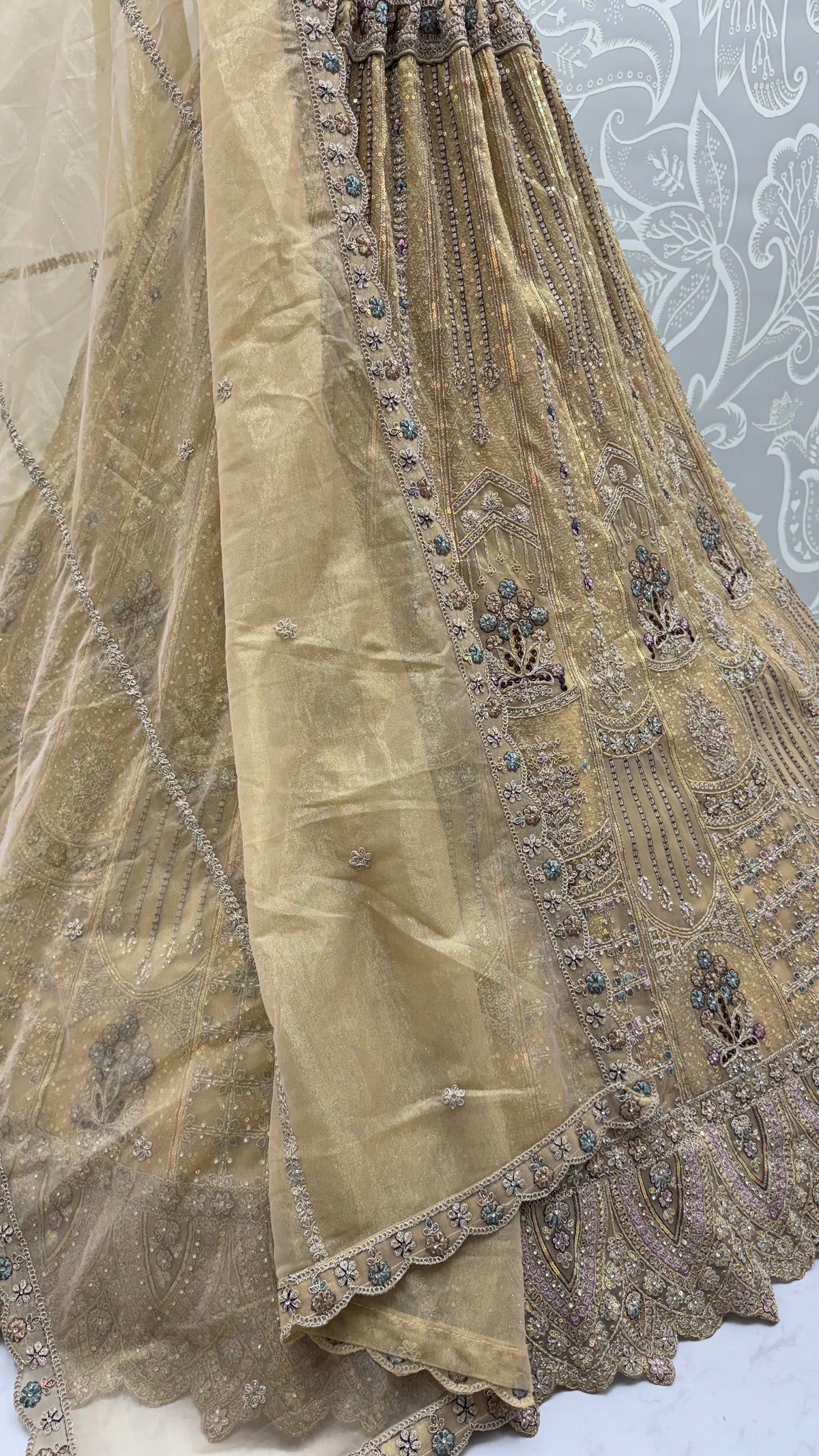 Champagne Gold Bridal Net Lehenga Choli with Dori, Zari, Dabka & Zircon Diamond Work