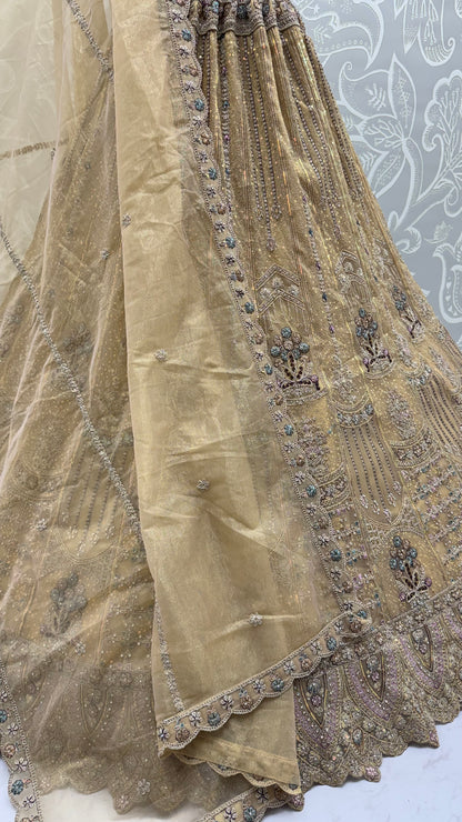 Champagne Gold Bridal Net Lehenga Choli with Dori, Zari, Dabka & Zircon Diamond Work