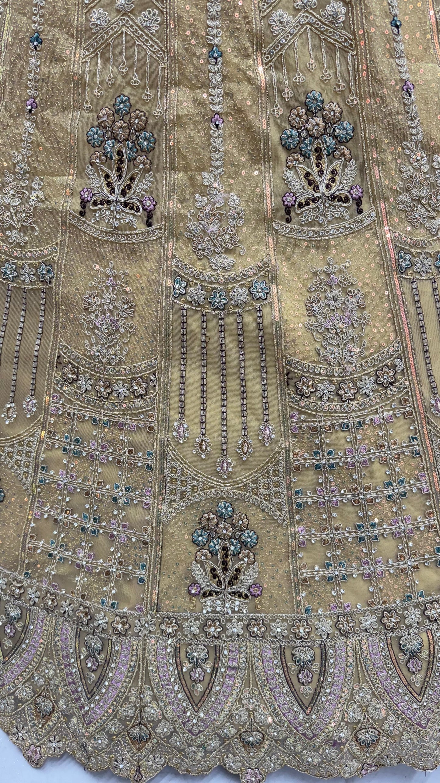 Champagne Gold Bridal Net Lehenga Choli with Dori, Zari, Dabka & Zircon Diamond Work