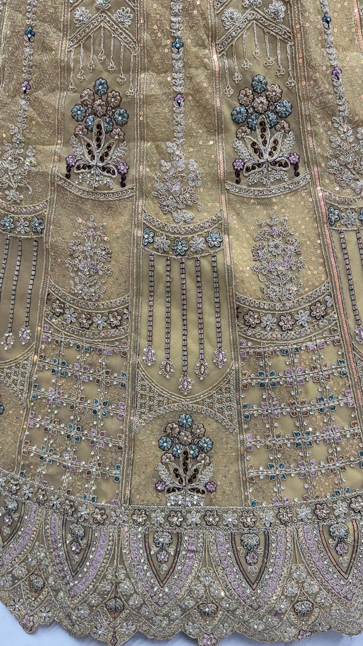 Champagne Gold Bridal Net Lehenga Choli with Dori, Zari, Dabka & Zircon Diamond Work